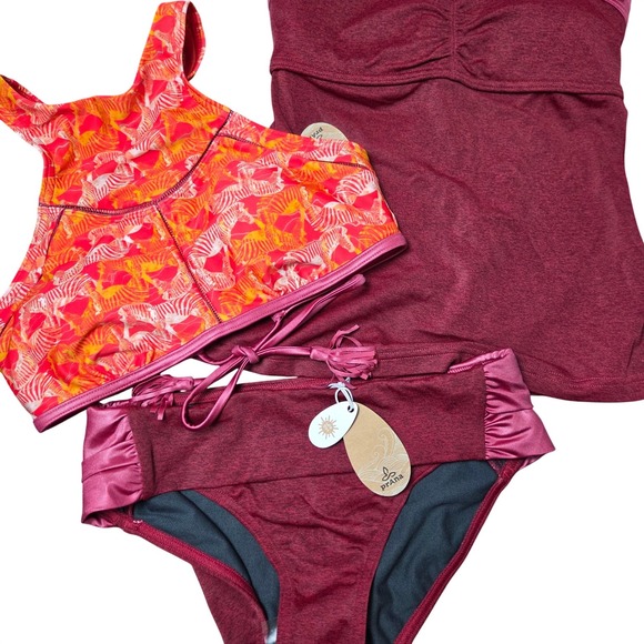 NWT Prana XS 3 Piece Swim Set Mix + Match Tankini Bikini Top Bottom Zebra Print